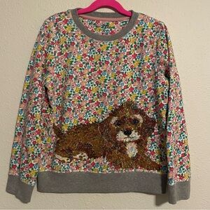 Mini Boden girl’s floral puppy dog cross stitch sweatshirt, size 8-9